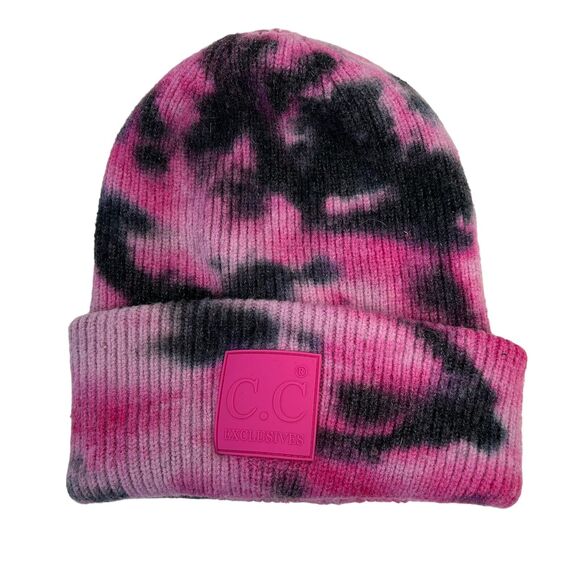 C.C Exclusive Adult Pink Tie Dye Beanie Cuffed Skull Cap Rubber Patch Heavy Knit - Picture 2 of 10